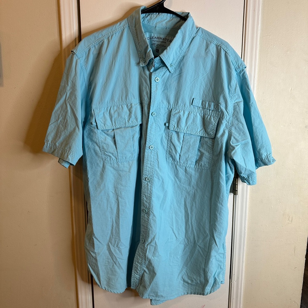 Clearwater Outfitters Angler Fishing Shirt Mens XL Blue Short Sleeve Vented Mesh